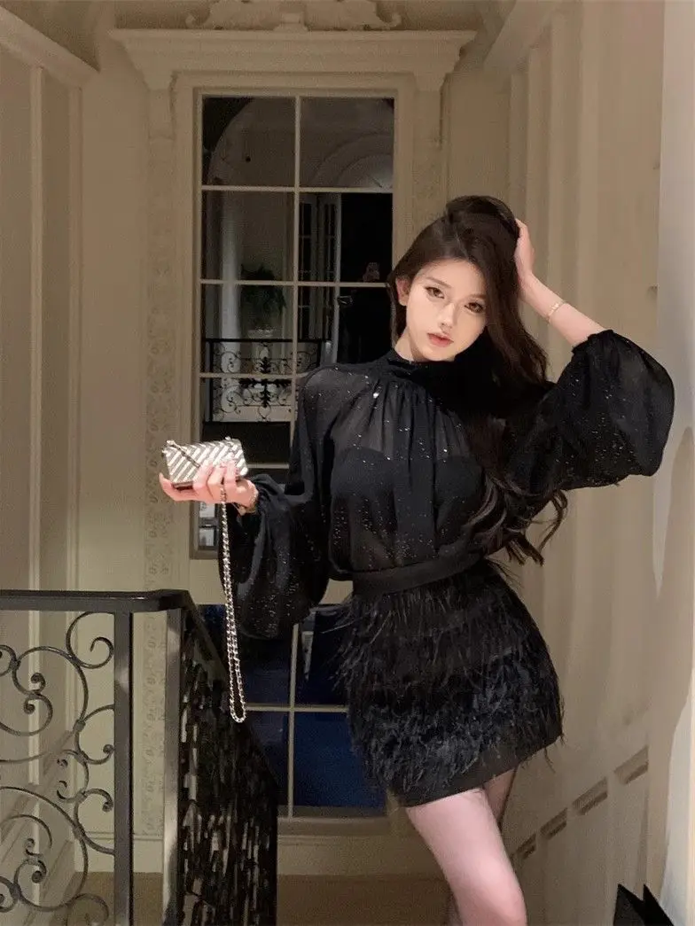 

Women Suit Sequin Mesh Long Sleeve Shirt Top Autumn/Winter Spicy Girl High Waist Slimming Tassel Short Skirt Set Two Piece Set