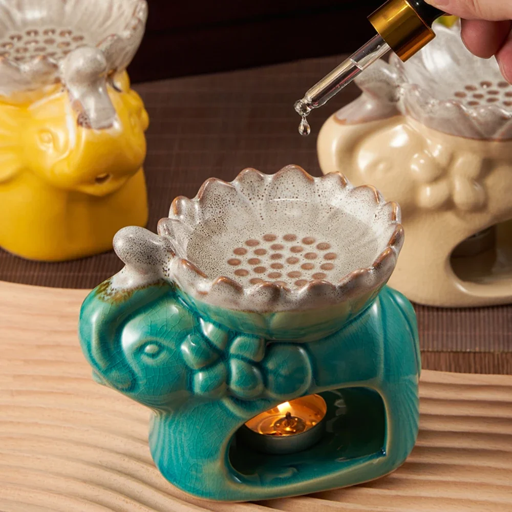 Ceramic Ice Cracking Lotus Incense Burner Elephant Shape Aromatherapy Essential Oil Aromatic Wax Diffuser Censer Home Decoration