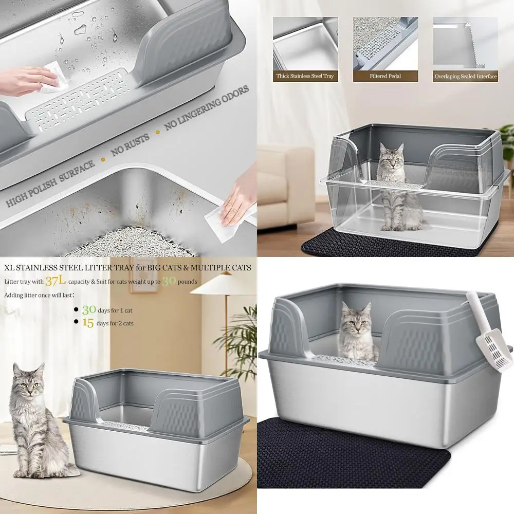 

Extra Large Grey Metal Cat Litter Box with Lid, 23.7L x 16W x 14H, High-Sided, Anti-Leakage, Includes Scoop & Mat for Large Cats