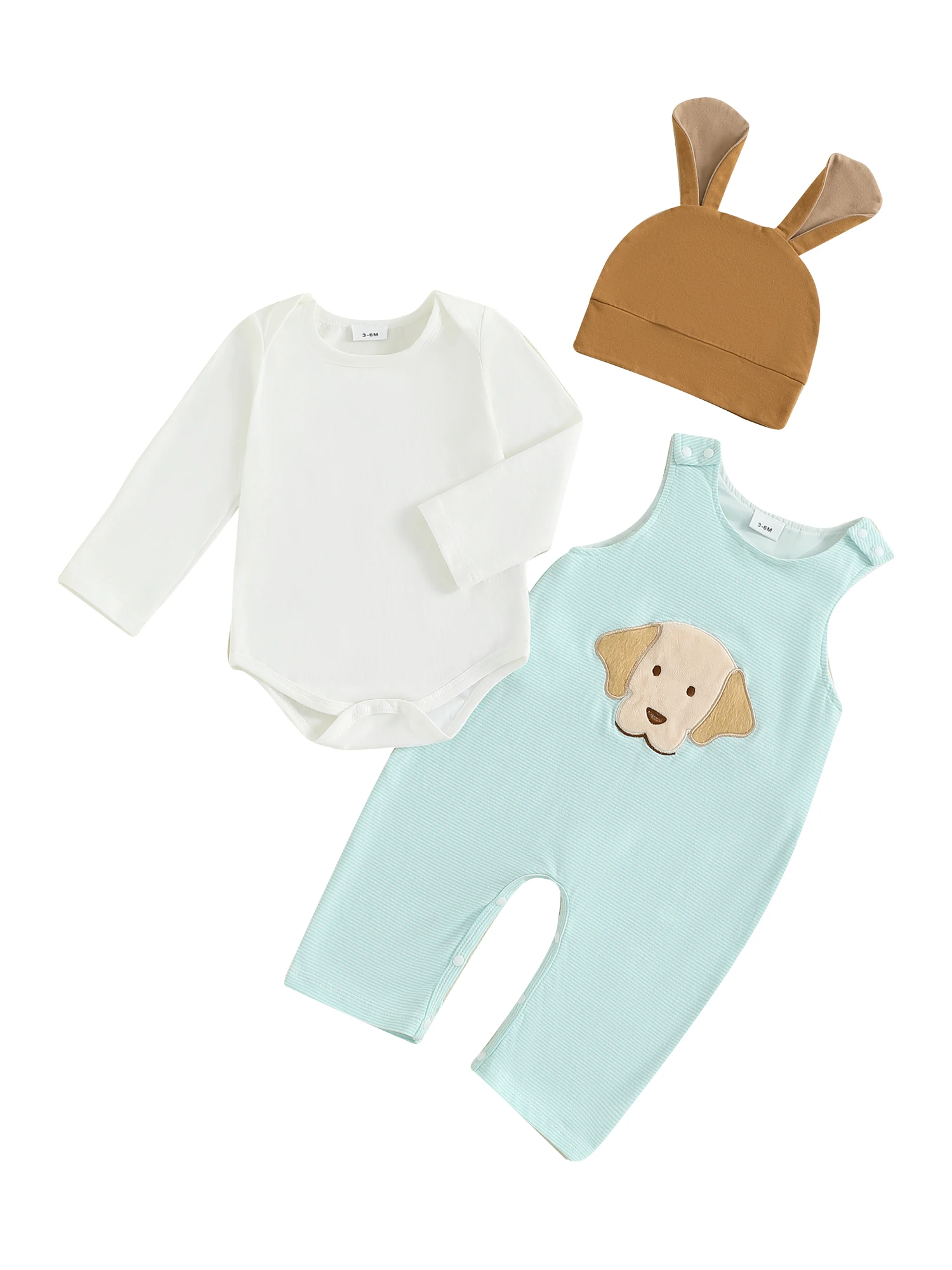 

Adorable Baby Boy 3-Piece Set Long Sleeve Romper with Cute Dog Embroidery Overall Pants and Matching Hat for Infants
