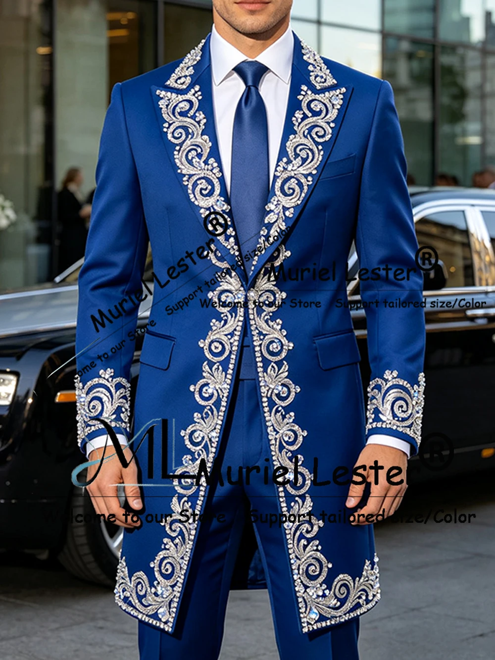 Brilliant Wedding Suit For Man Sliver Rhinestone Beaded Prom Blazers Long Customized 2 Pieces Sets Groom Wedding Tuxedo Attires