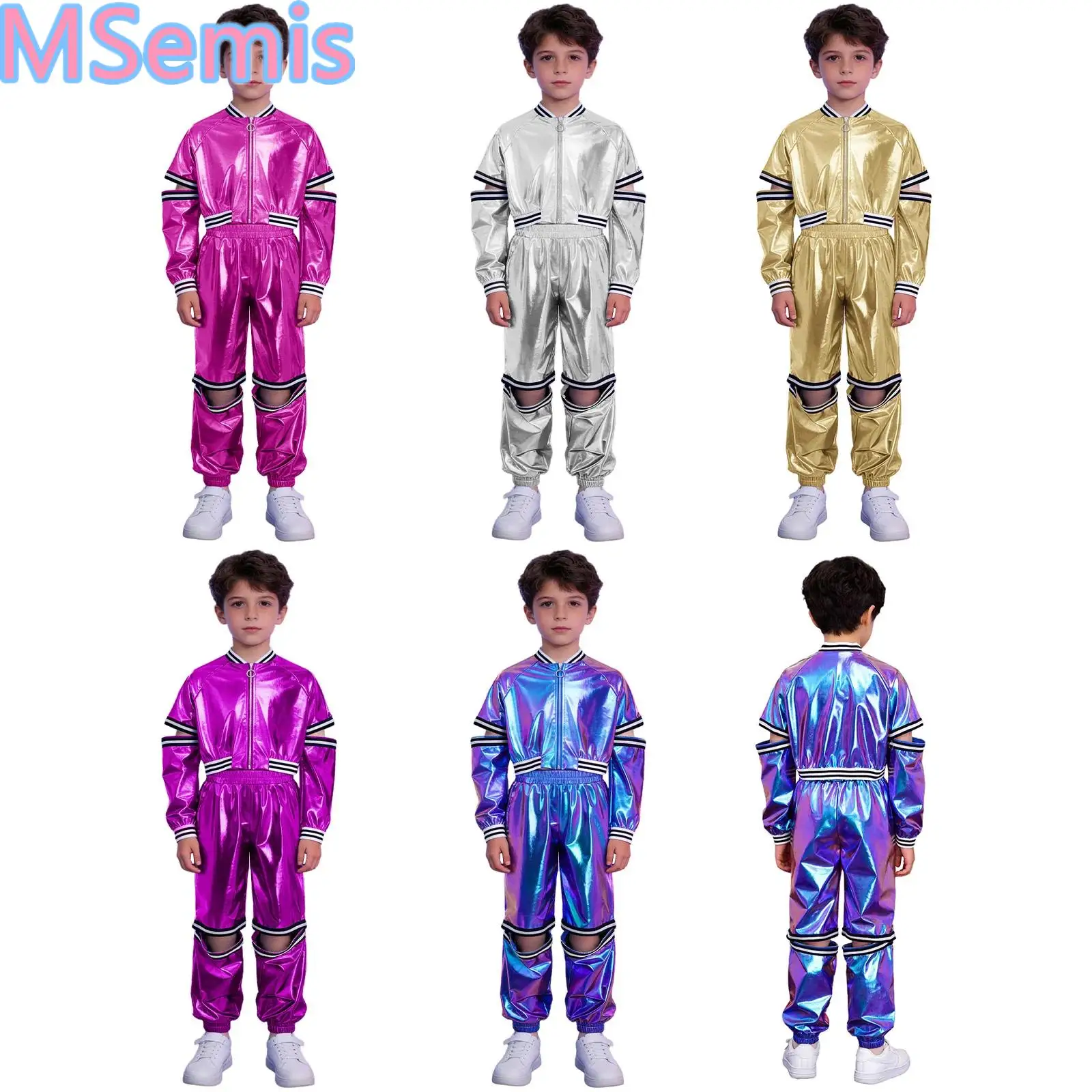 

Kids Boys Girls Hip Hop Sets Turn-Down Collar Zip-Off Stripes Long Sleeves Zipper Jacket with Elastic Waistband Metallic Pants