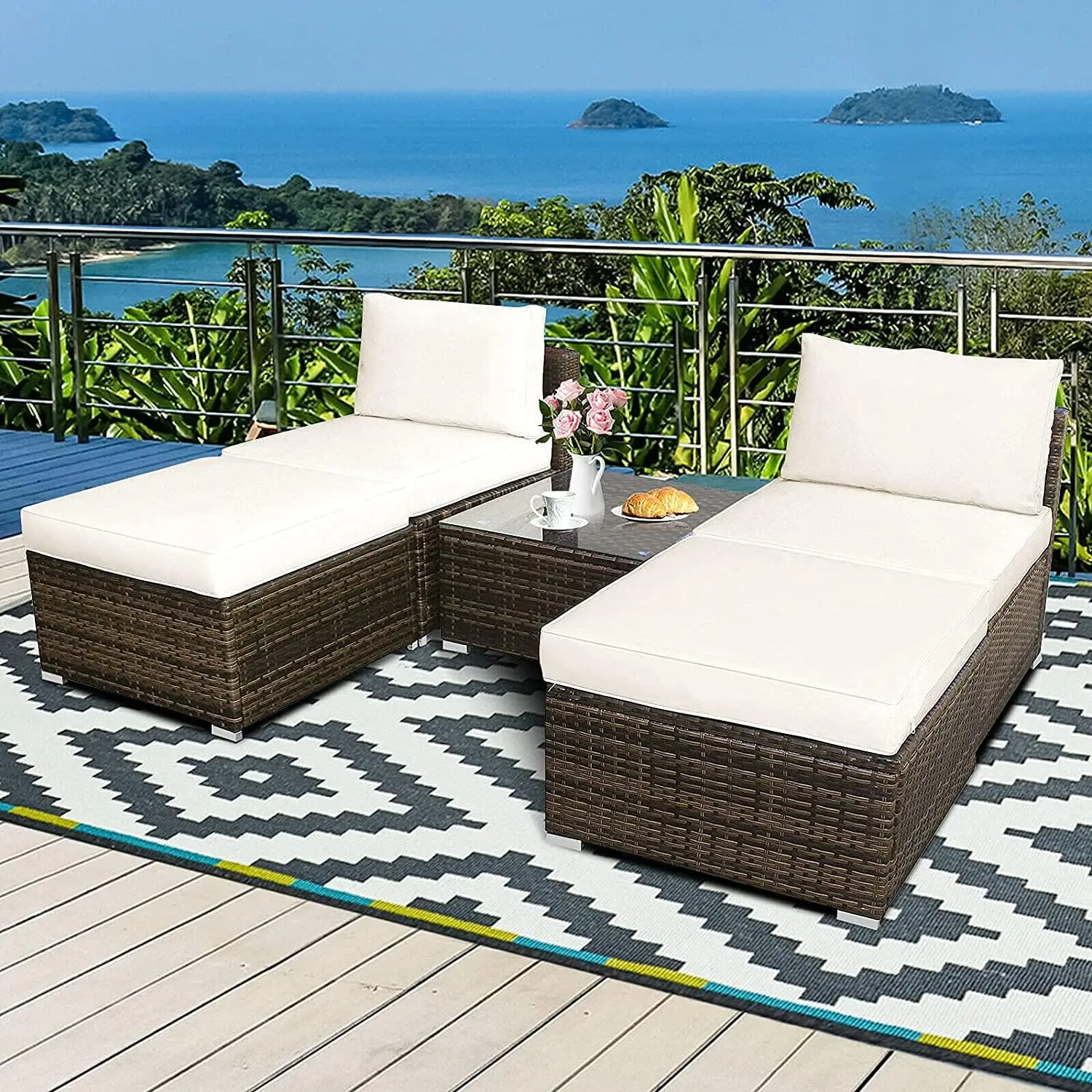 Chaise Lounge Set com Otomano e Coffee Table, Outdoor Rattan Wicker Chair, Daybed Conversa Sofá Set com Almofadas
