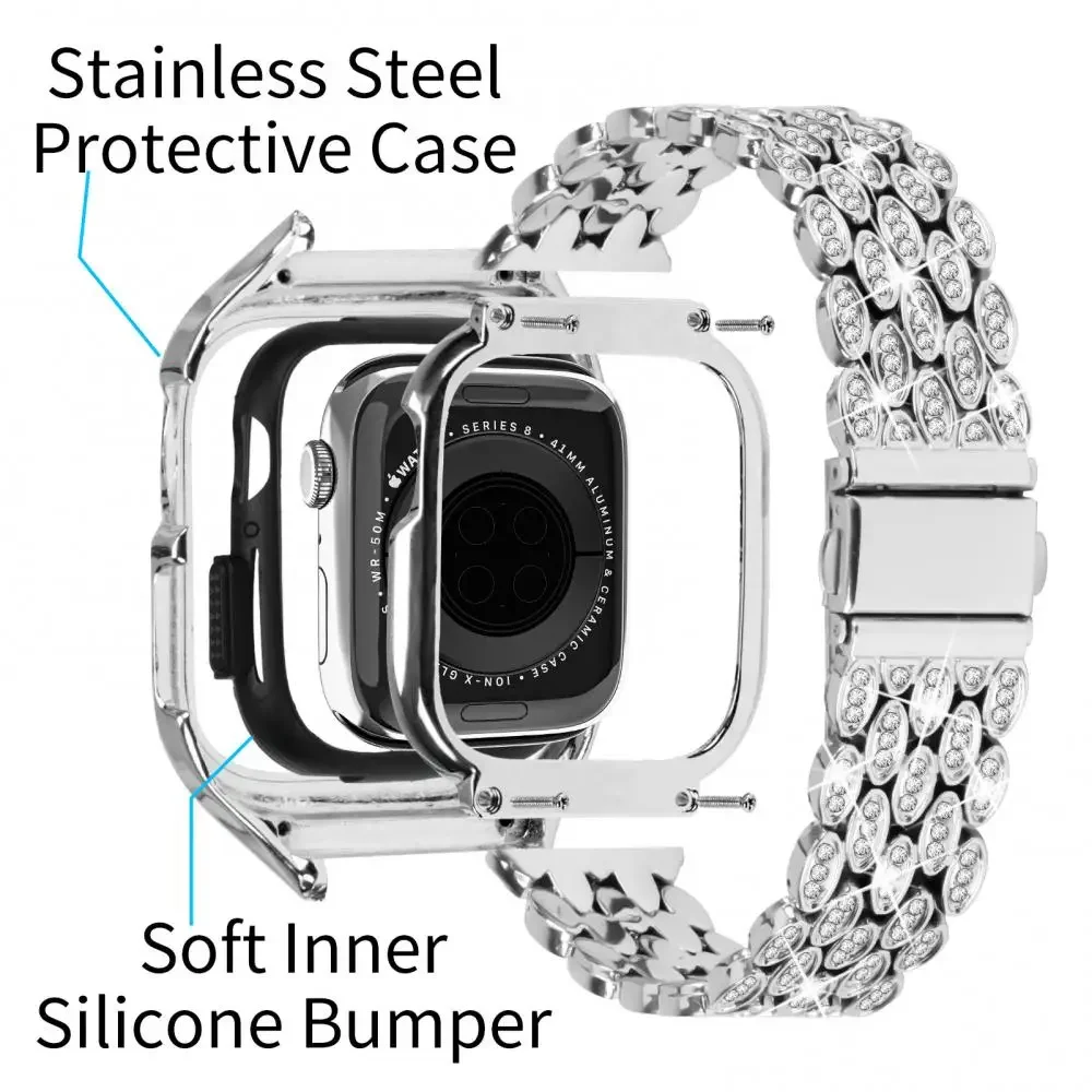 Metal+Diamond Case for Apple Watch Case 9 8 7 41mm 40mm Stainless Steel Protective Shell For iWatch 6 5 4 SE 41mm 40mm Cover