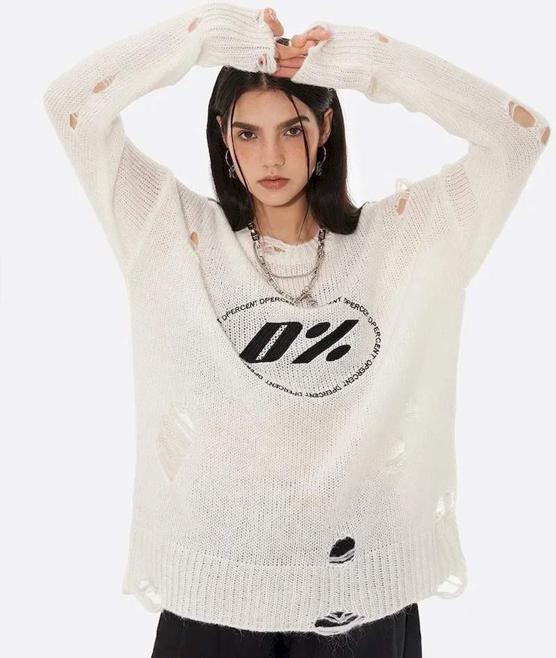 

Chic Korean Woman Sweaters Fashion Street Shooting Destroyed Hole Sweater Spring Fall Color Contrast Knitted Pullover Womens Top