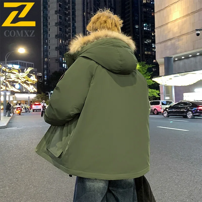 COMXZ Warm Puffer Jacket Fur Collar Lightweight Multi-Pocket Travel Winter Jacket Commuting Handsome Quilted Jacket Men Clothing