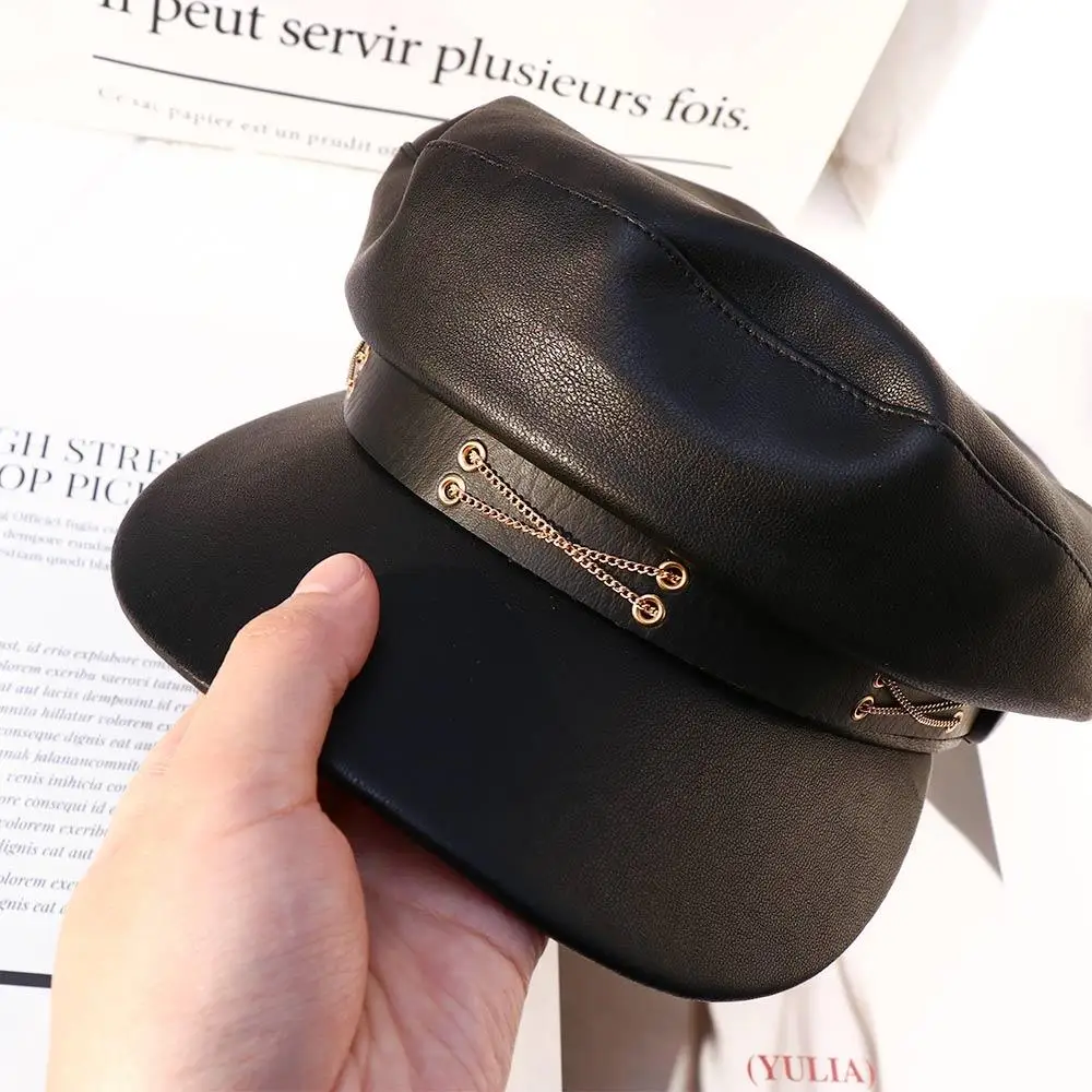 Warm Cool Chain Autumn PU Leather British Style All-match Painter Cap Women Berets Navy Hat Korean Style Octagonal Hat