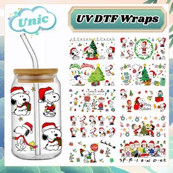 Boże Narodzenie Snoopy 16OZ UV DTF Cup Wraps Transfer Sticker For Glass Libbey Can Bottle Selfdhesive Washable DIY Custom