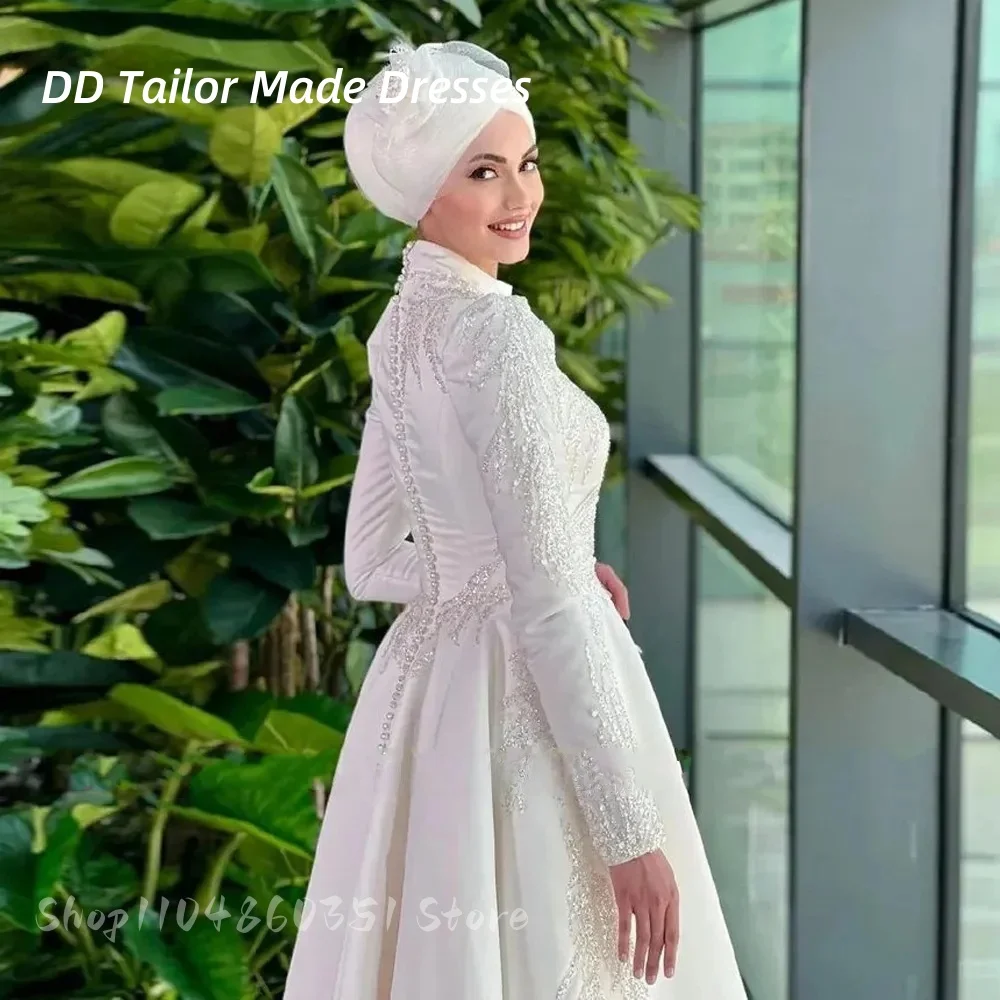 Vestido de baile muçulmano frisado mangas compridas cetim a linha longo vestido de recepção de casamento personalizado árabe formal vestidos de noite