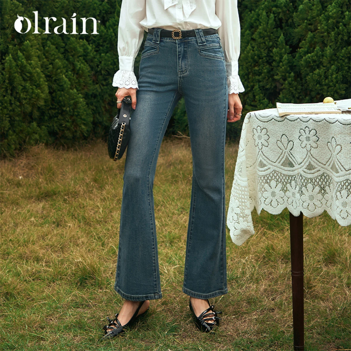 OLrain Women's Retro Blue Flared Jeans 2026 Autumn New Slim Fit Comfortable Long Jeans Trousers Woman Clothing O24CA89560