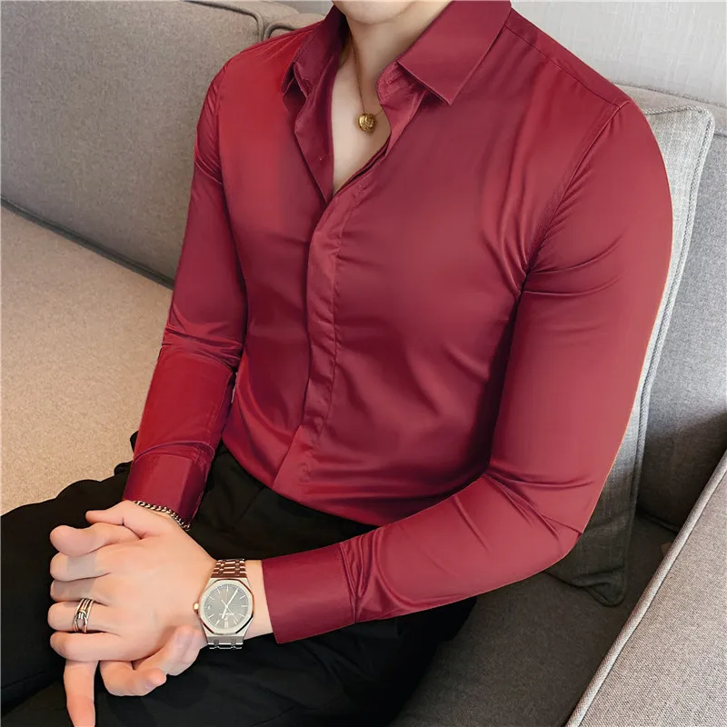 High Elasticit Long Sleeve Men Shirts 2023 Autumn Slim Fit Camisas Solid Casual Formal Dress Shirt Business Fashion Men Clothing