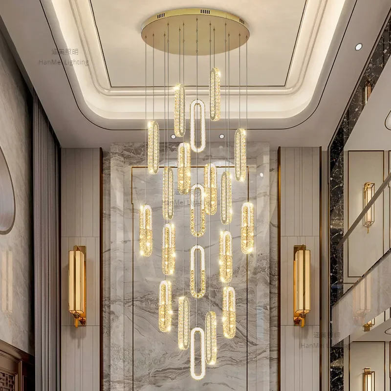 for Duplex Crystal Chandelier Modern Light Luxury Villa Living Room Loft Stair Long Pendant Lamp Advanced Sense Home Decor