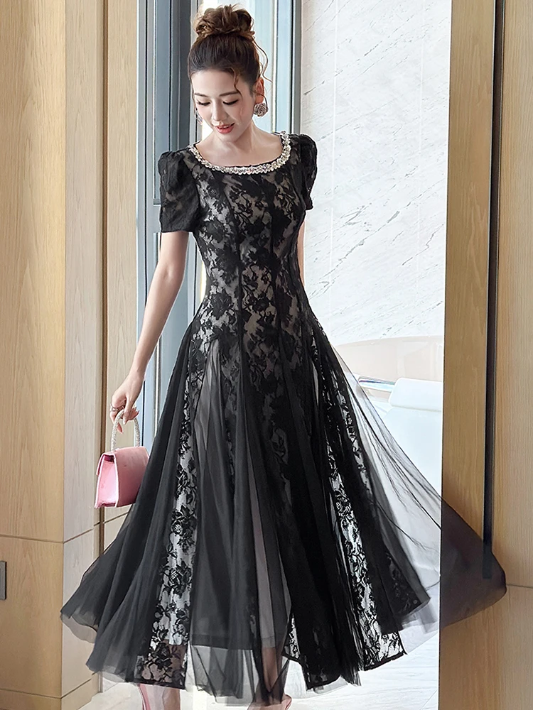 Elegante abito lungo nero romantico per le donne Dolce pizzo trasparente Maglia diamante Perla Abito in tulle Lady Matrimoni Abiti da sera formali