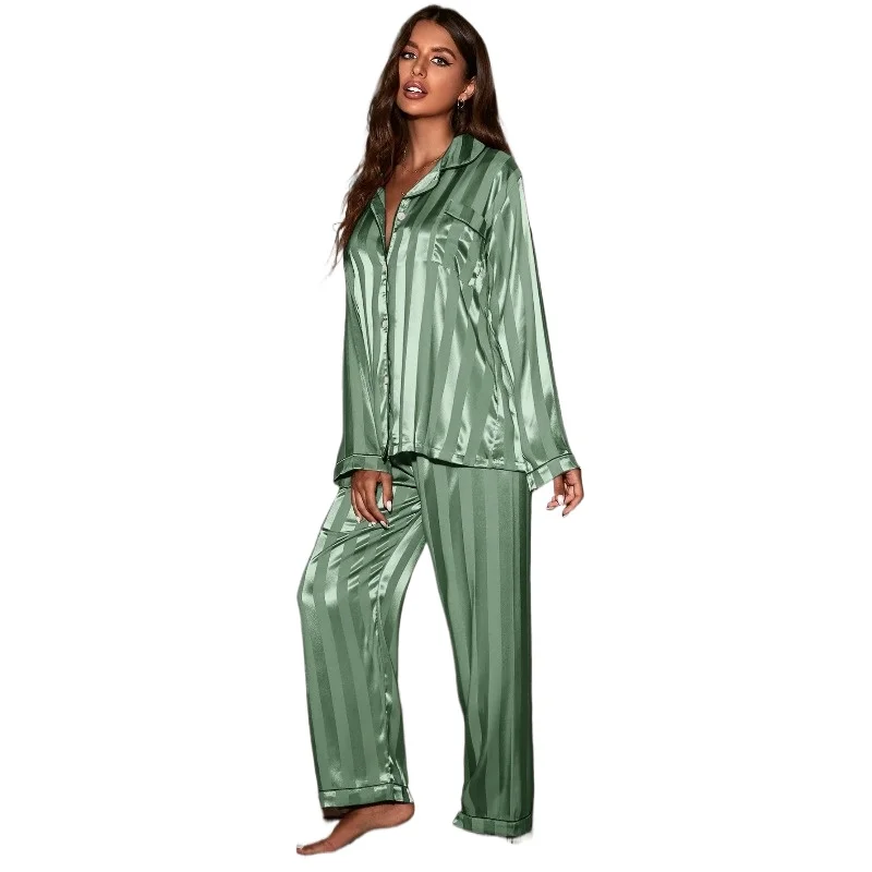 Ladies' spring and autumn pajama set, with a lapel jacquard wide stripe cardigan and long pants, a loose and casual two-piece