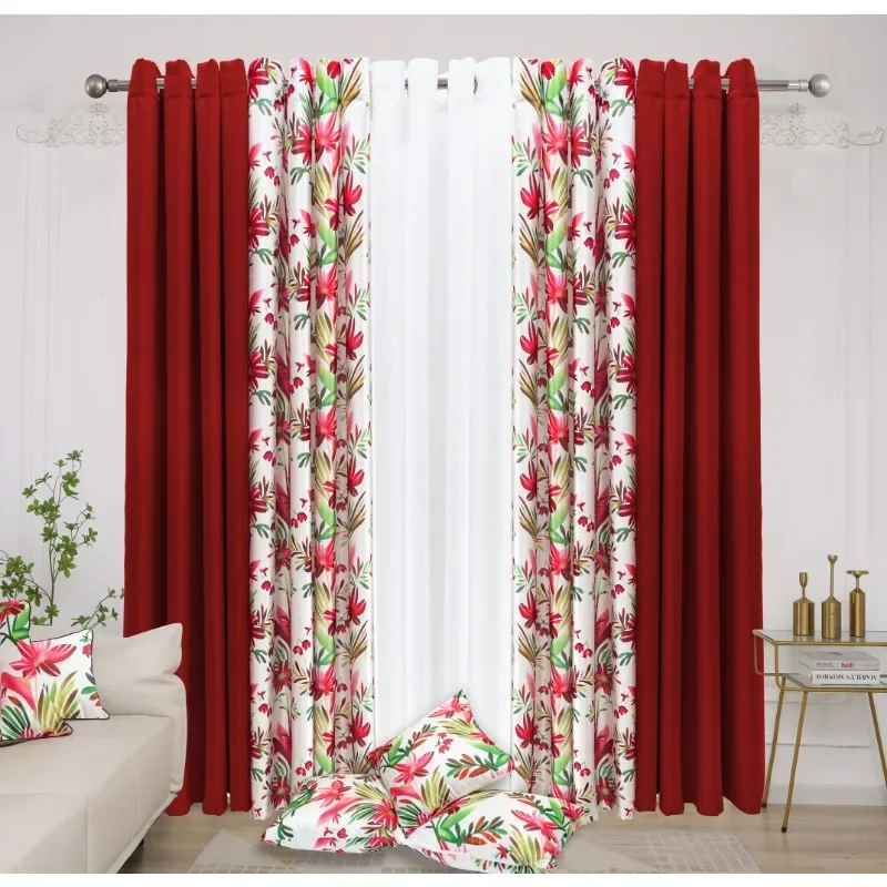 Curtain factory floral printing luxury quality window curtain with pillow cover ready made  for home  christmas decors