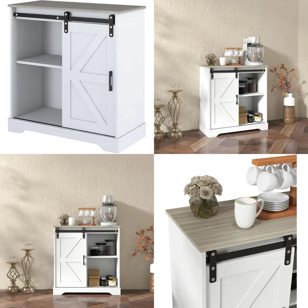 Farmhouse Style White Kitchen Buffet Cabinet with Sliding Barn Door and Natural Wood Top for Storage and Coffee Bar