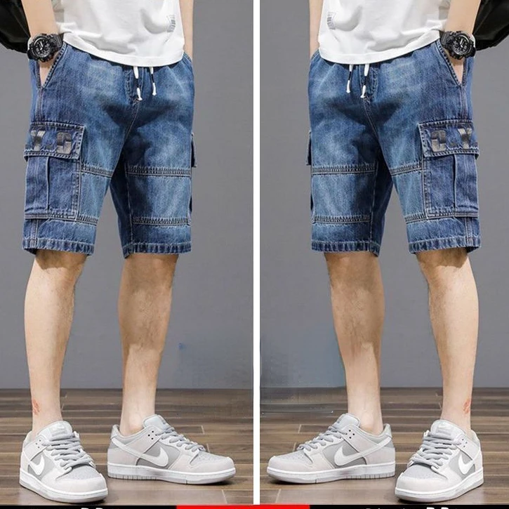Harajuku Fashion Drawstring Designer Korean Luxury Boyfriend Multi Pocket Loose Casual Denim Jeans Men Summer Knee Length Shorts
