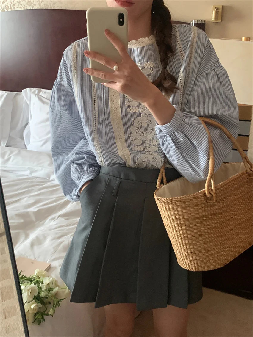 Alien Kitty High Quality Women Blue Blouses Spring Lantern Sleeve 2023 Hollow Out Loose Fashion Elegant New Slim Chic OL Blusas