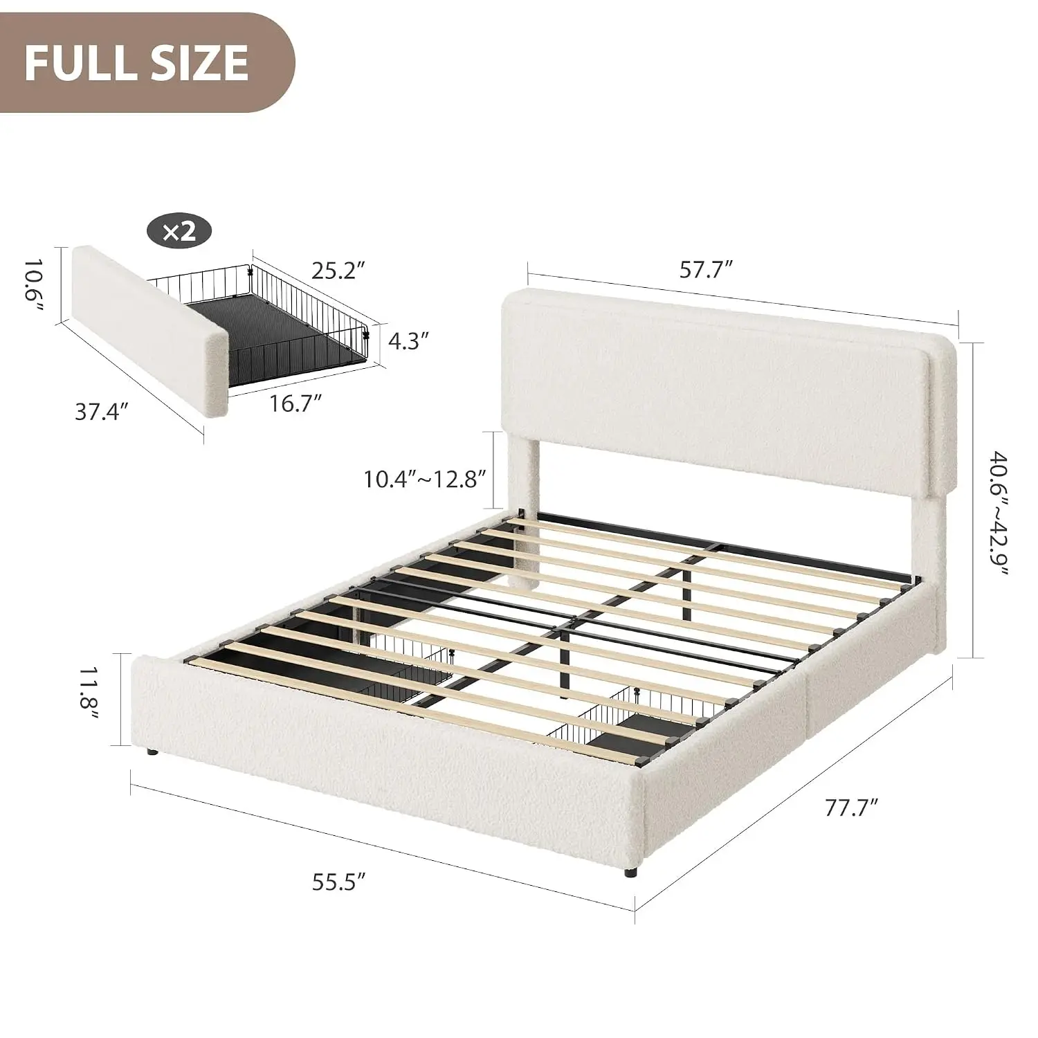Soft Fleece Upholstered Platform Bed Frame with 2 Storage Drawers, Cloud-Style Adjustable Headboard, No Box Spring, Customized