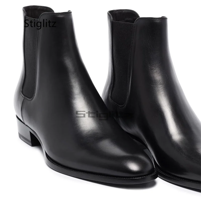 

Black Leather Chelsea Boots Men Shoes Fashion Versatile Business Casual British Style Classic Slip On Low Heels Ankle Boots