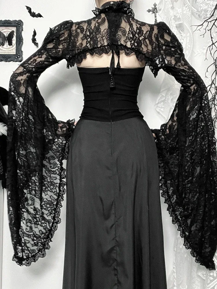 AltGoth Elegant Dark Gothic Lace Smock Women Aesthetic Flare Sleeve See Through Crop Tops Vintage Fairycore Nightclub Partywear