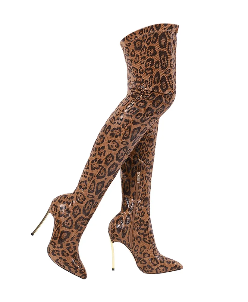 Sexy Women Thigh High Boots Thin High Heeled Long Boots Leopard Print Snake Pointed Toe Over The Knee High Winter Bootie