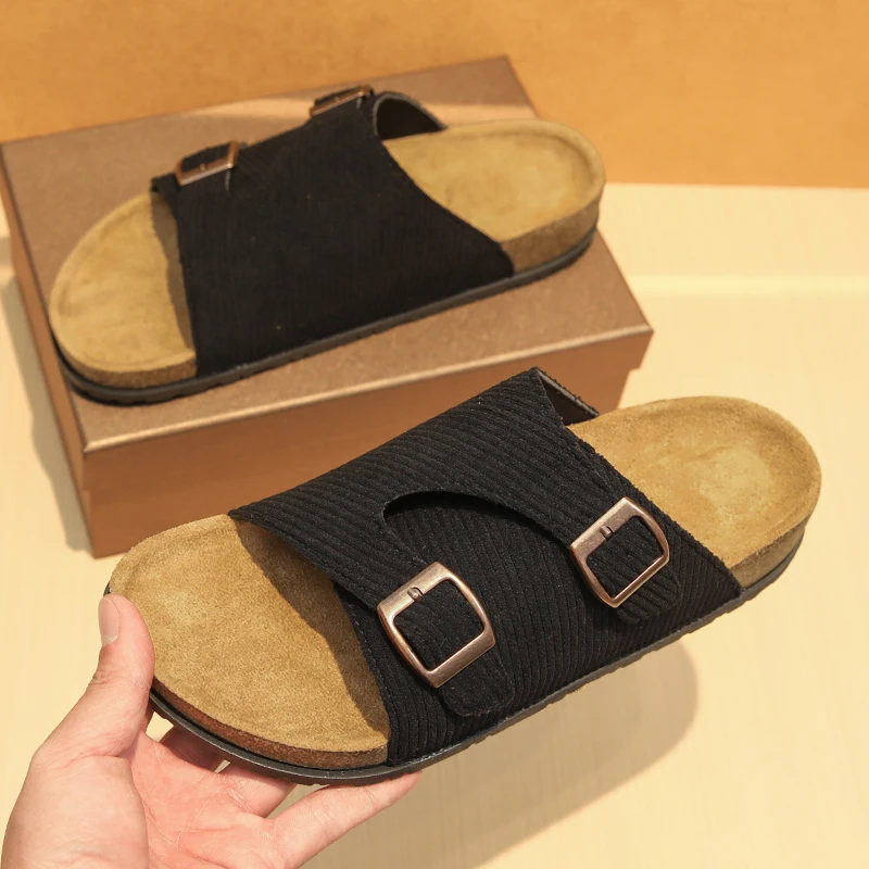 Unisex Corduroy Cork Footbed Slides Adjustable Double Buckle Non-slip Flat Sandals Retro Casual Slippers For Men Women