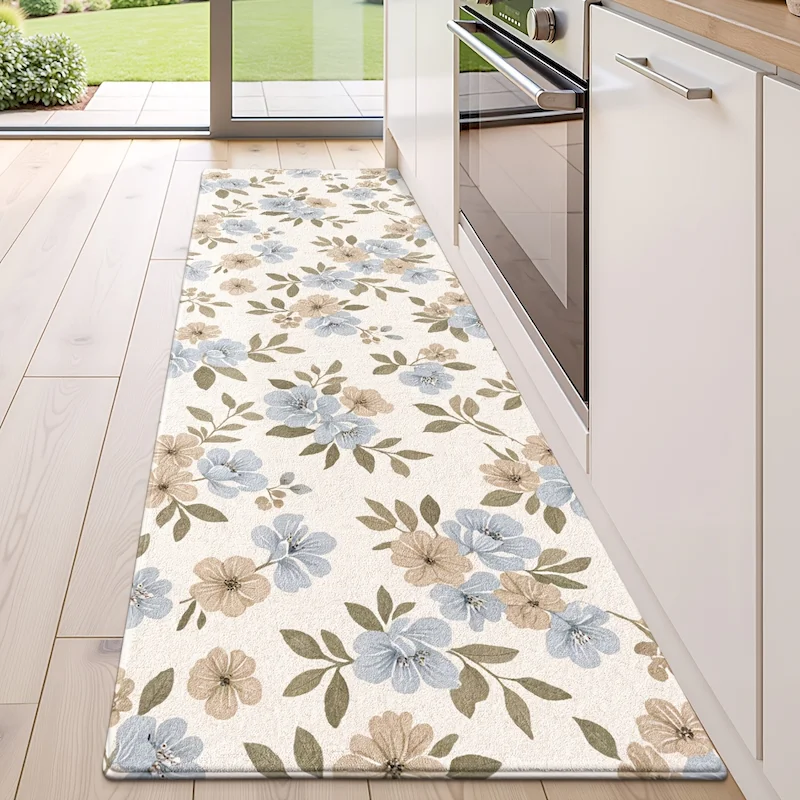 VIKAMA Retro Light Blue Printed Carpet Entrance Soft Floor Mat Kitchen Absorbent Anti Slip Floor Mat Home Decoration
