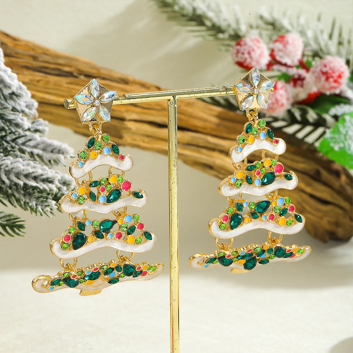 زوج واحد من الأقراط المتدلية لشجرة عيد الميلاد، إكسسوارات أذن من سبائك الزركون الملونة اللامعة، هدية لحفلات العطلات ﻿