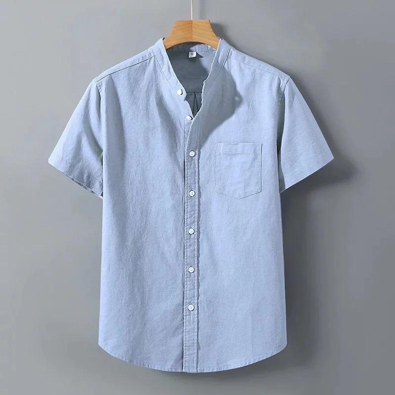 Cotton Linen Men's Short Sleeve Shirt Jacket Summer Thin Loose Stand Collar Versatile Mid-aged Men's Shirt Breathable Vintage...