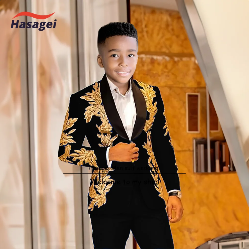 Smoking Boys Gold Appliques Suit, ternos de casamento para crianças, socks formais finos, lantejoulas, feitos sob medida, bonito, 2 peças