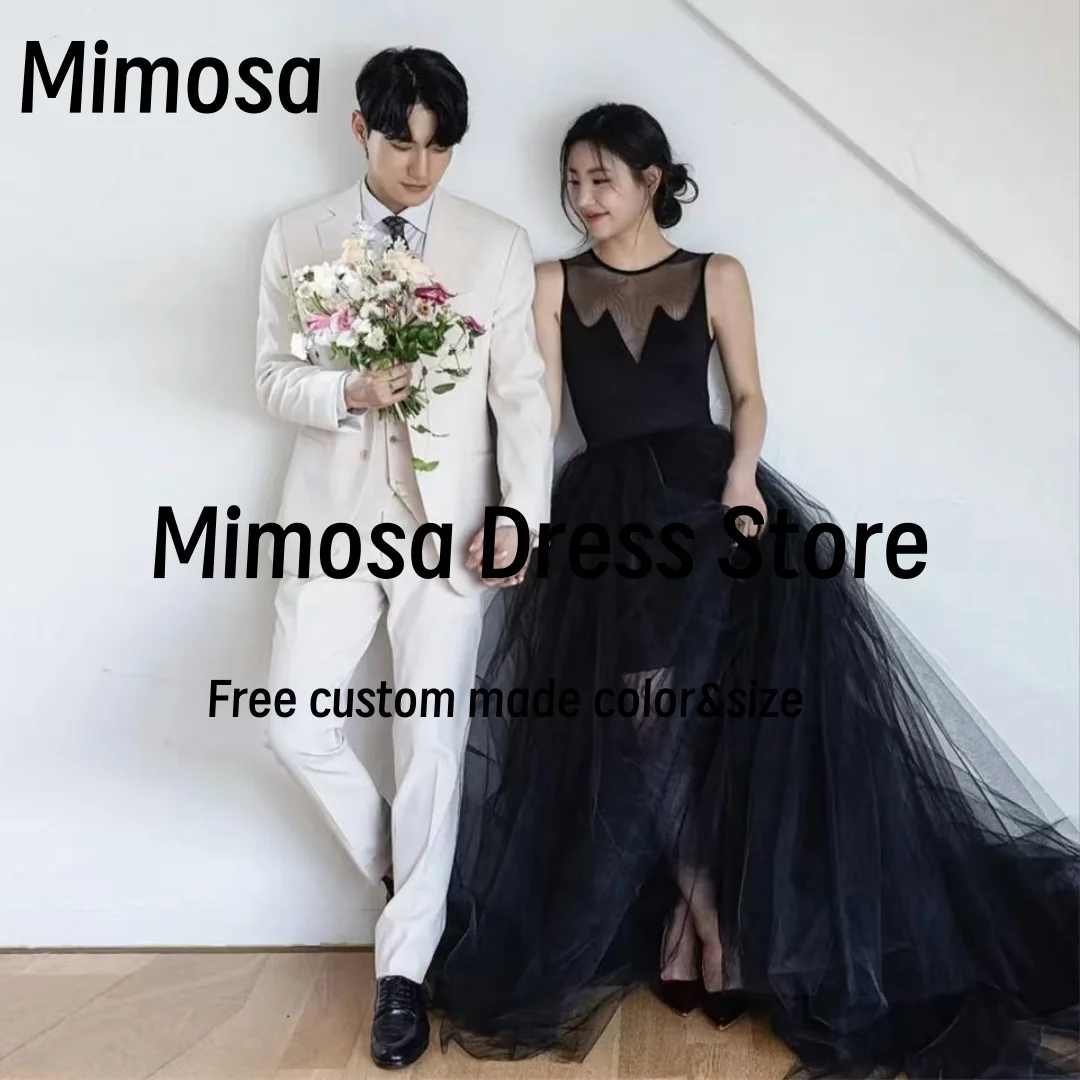 

Mimosa Black Tulle Prom Dresses Sheer O-Neck Korea Girls Wedding Party Evening Dress Sleeveless 이브닝 파티 드레스 Customized