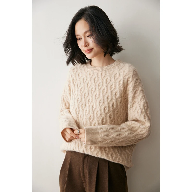 الخريف الشتاء المرأة س الرقبة الكشمير البلوفرات سترة فضفاضة 100% الكشمير تريكو تويست زهرة الملابس الناعمة حجم كبير