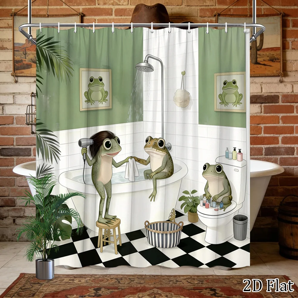 2D Flat, 1pc 2D Flat Funny Frog Shower Curtain Bathroom Decor Bath Curtain with 12 Hooks 70.8x70.8 Inch Featuring Cartoon Frogs