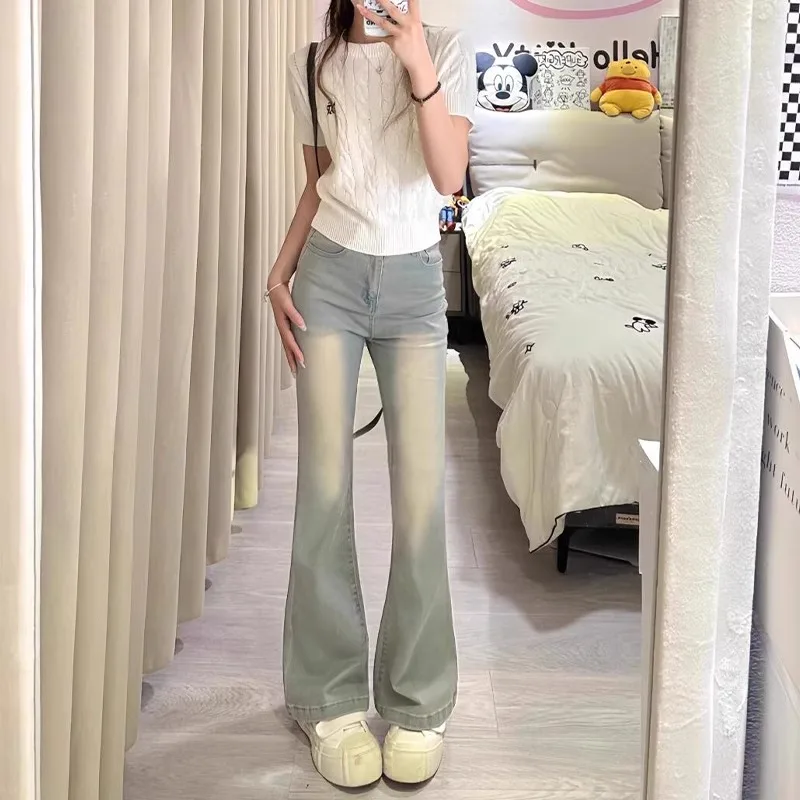 

Облегающие джинсы с высокой талией, расклешенные джинсы, женские желтые эластичные брюки-копыта с грязевой краской, весна-лето, Новое поступление 2023 г.