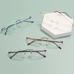 Gafas coloridas sin montura para hombres y mujeres, montura óptica Rectangular de Metal, lentes graduadas para Miopía