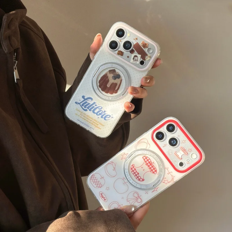 

Korean Cute Chocolate Cake Line apple Case For iPhone 17 Pro 16 15 14 Pro Max Phone Cover with Magnetic Stand Shockproof Cases C