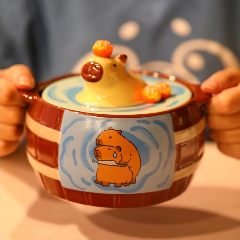 

Microwaveable Creative Bathing Capybara Ramen Bowl Ceramic Noodles Bowl Soup Bowls with Lid Large Capacity Breakfast Cereal Cups