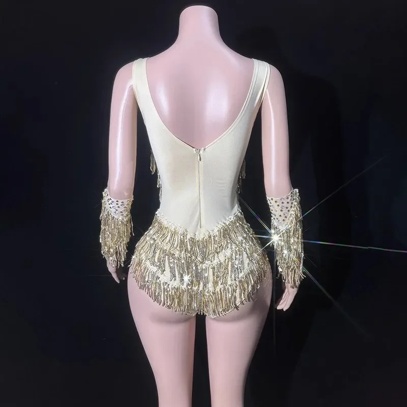 Body con cadena de diamantes de imitación dorados, nueva moda, ropa de Jazz, disfraces brillantes de bailarina Gogo para mujer, Bar, club nocturno, DJ, traje Rave para escenario