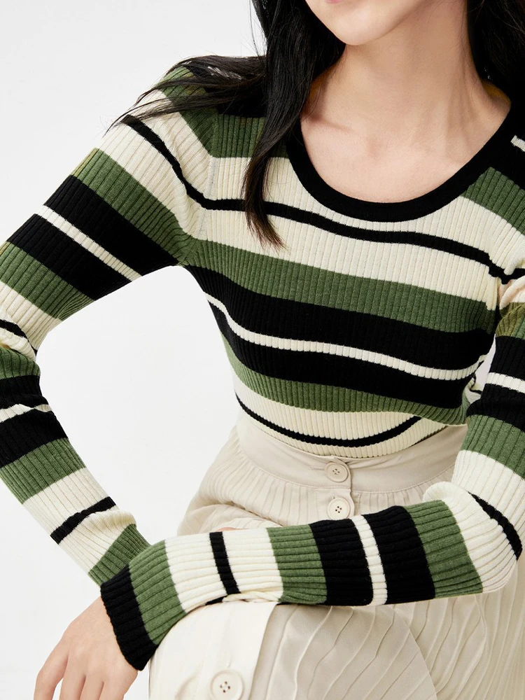 

Vintage Striped Sweater Women Autumn Winter Long Sleeve Knitted Pullovers Female Korean Fashion Contrast Color Slim Knitwears