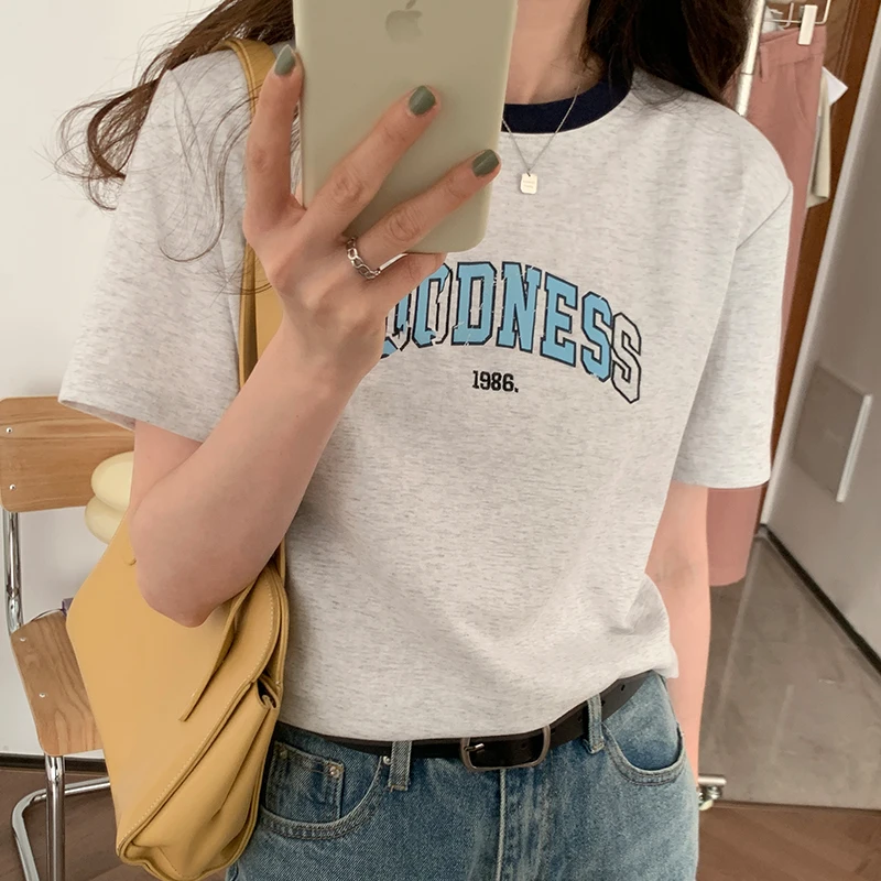 

Summer 2023 new college style round neck letter printing short sleeve T-shirt women's versatile top trend