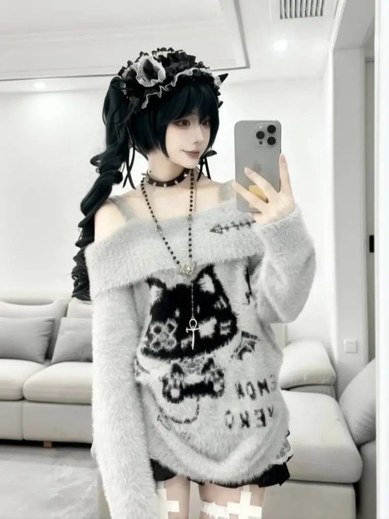 Kawaii Cat One Shoulder Black Sweater Women Off Shoulder Long Graphic Knitted Top Autumn Pollovers Turn Collar Knitwear