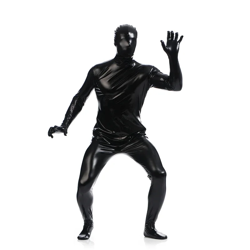 Spedizione gratuita lucido metallizzato zentai Spandex bianco lucido Mens Unitard Catsuits cerniera con piedi metallici Zentai body personalizzato