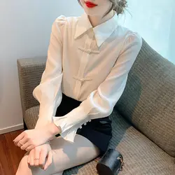 New Chinese Style Style Buttoned Shirt with Female Design Niche White Shirt Chiffon Top