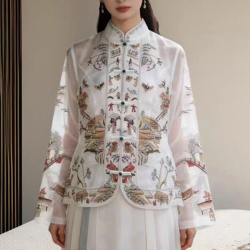 High Quality Summer New Stand Collar Vintage Style Single-Breasted Silk Organza Fabric Palace Embroidery Women's Jacket M-3XL