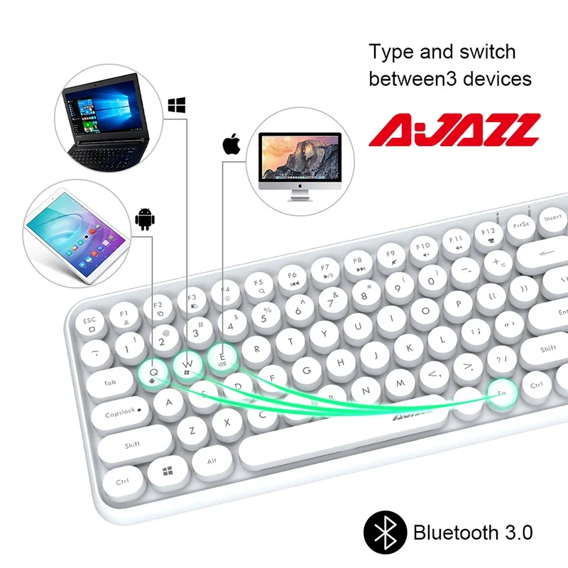 Ajazz 308I Wireless Bluetooth Keyboard 84 Keys Multi-Device Portable Keyboard Retro Typewriter Round Keycaps for IOS Android Win