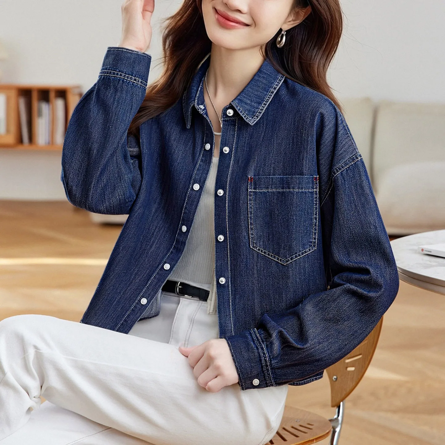 

Denim Blue Long Sve irt Jaet Women's Thiened Collar Top Briti Artistic Retro Spring Faion Cotton Commute Sle
