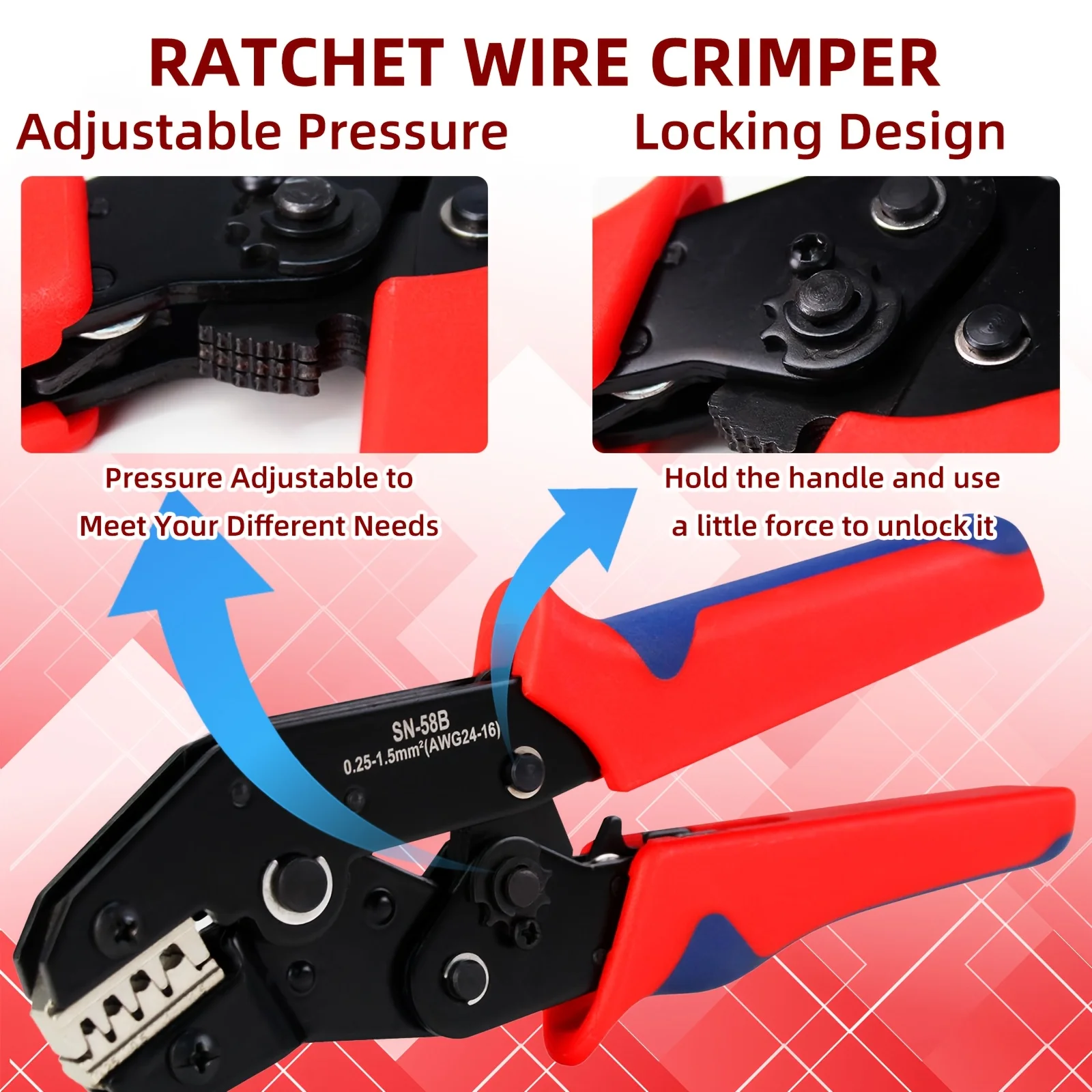 SN-58B Ratschendraht-Crimpzange für 0,25–1,5 mm2 23–16 AWG-Drähte, passend für Dupont-, JST (XH/SM/VH/PH), TE- und Molex-Anschlüsse – Detail 2