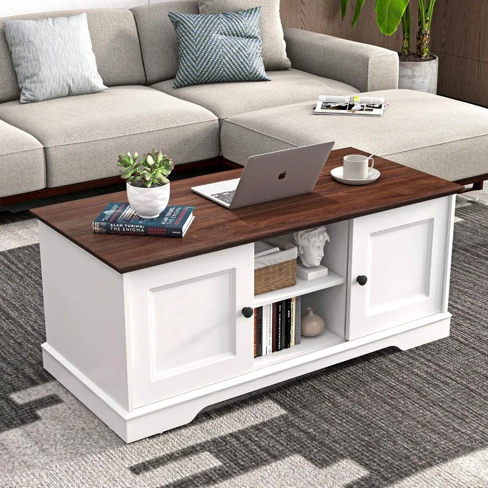 

48'' Front-and-Back Symmetrical Farmhouse Coffee Table w/Storage & 4 Sliding Barn Doors, Wood Rustic Center Table