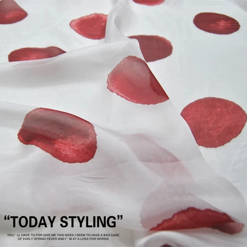 Popular Wonderful New Arrival 100% Pure Silk Chiffon Fabric Red Dots for Women Men Cloth Pajama Saree Summer Shirt